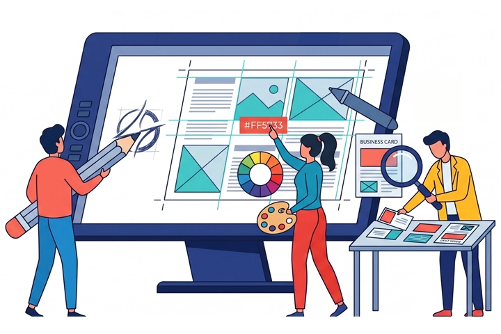 A Taichung graphic design team collaborating on visual layouts, color selection, and reviewing business card details in front of a large drawing monitor.